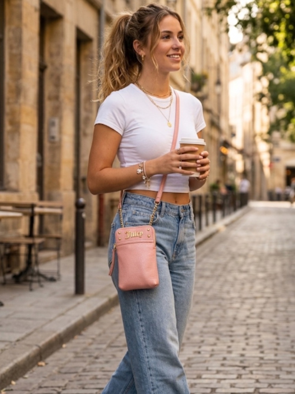 Juicy Couture Pink Pebbled Crossbody Phone Pouch with Gold Logo